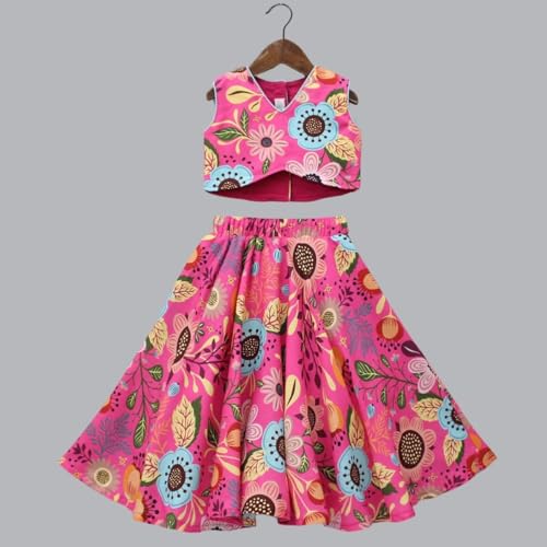GORLYA Girls Floral Print Lehenga Choli Set | Pink Long Sleeve Crop Top & Flared Skirt | Kids Ethnic Outfit for Diwali, Weddings, Raksha Bandhan, Navratri & Christmas Celebrations - Image 2