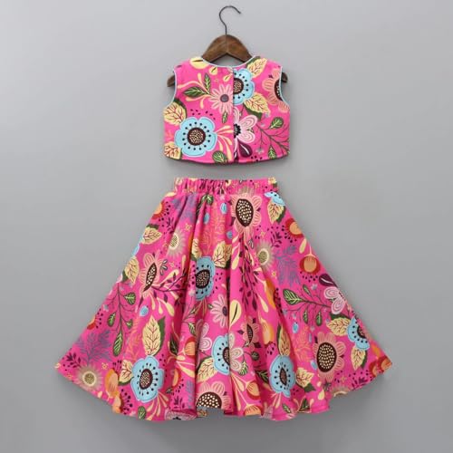 GORLYA Girls Floral Print Lehenga Choli Set | Pink Long Sleeve Crop Top & Flared Skirt | Kids Ethnic Outfit for Diwali, Weddings, Raksha Bandhan, Navratri & Christmas Celebrations - Image 3