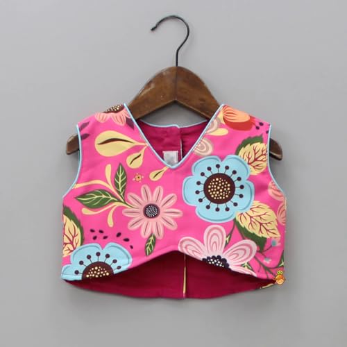 GORLYA Girls Floral Print Lehenga Choli Set | Pink Long Sleeve Crop Top & Flared Skirt | Kids Ethnic Outfit for Diwali, Weddings, Raksha Bandhan, Navratri & Christmas Celebrations - Image 4