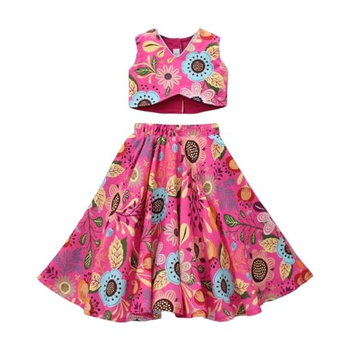 GORLYA Girls Floral Print Lehenga Choli Set | Pink Long Sleeve Crop Top & Flared Skirt | Kids Ethnic Outfit for Diwali, Weddings, Raksha Bandhan, Navratri & Christmas Celebrations - Image 1