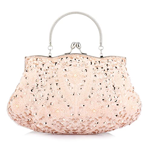 Simcat Beaded Sequin Flower Evening Purse Large Clutch Bag (Peach Pink) - Image 1