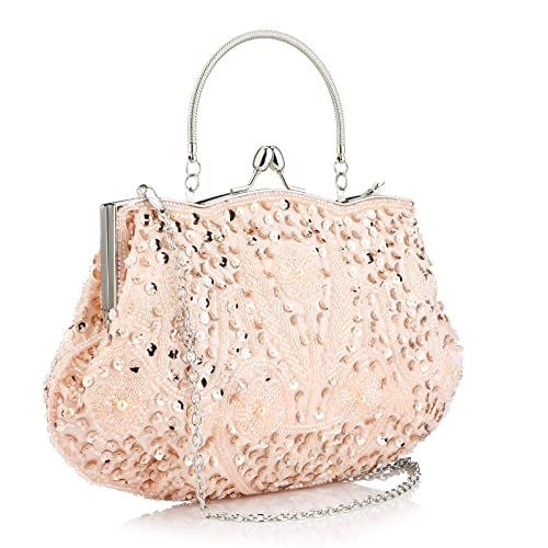 Simcat Beaded Sequin Flower Evening Purse Large Clutch Bag (Peach Pink) - Image 2