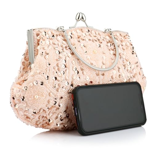 Simcat Beaded Sequin Flower Evening Purse Large Clutch Bag (Peach Pink) - Image 3