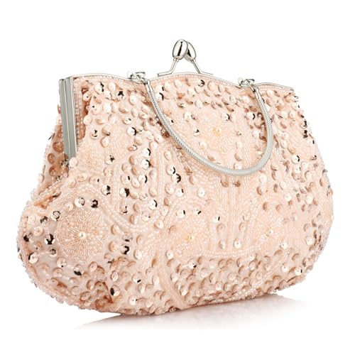 Simcat Beaded Sequin Flower Evening Purse Large Clutch Bag (Peach Pink) - Image 4