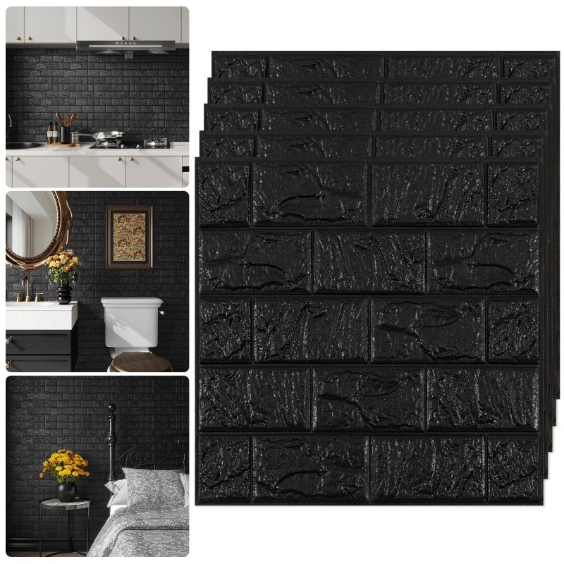 Abyssaly Faux Brick Wall Panels Peel and Stick Tile 3D Stick on Backsplash Tiles for Kitchen Black Sound Proof Foam Stone Wall Panel for Walls Waterproof Fake Brick Paneling for Bathroom 10PCS 118x118 - Image 2