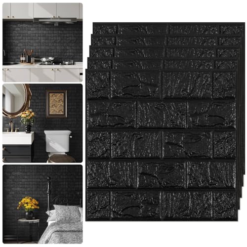 Abyssaly Faux Brick Wall Panels Peel and Stick Tile 3D Stick on Backsplash Tiles for Kitchen Black Sound Proof Foam Stone Wall Panel for Walls Waterproof Fake Brick Paneling for Bathroom 10PCS 118x118 - Image 1