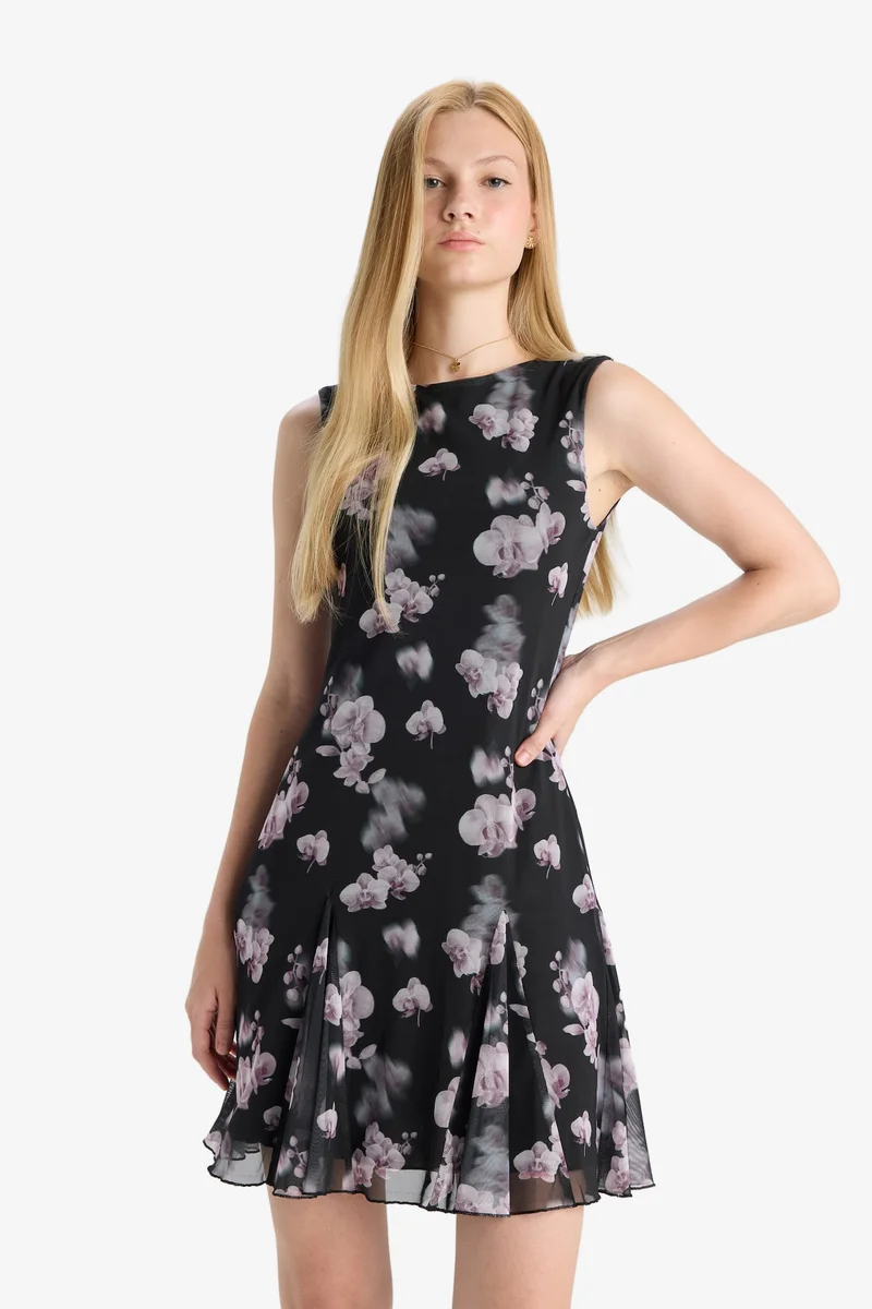 Defacto  Crew Neck Printed Tulle Mini Dress for Women | Best Price UAE