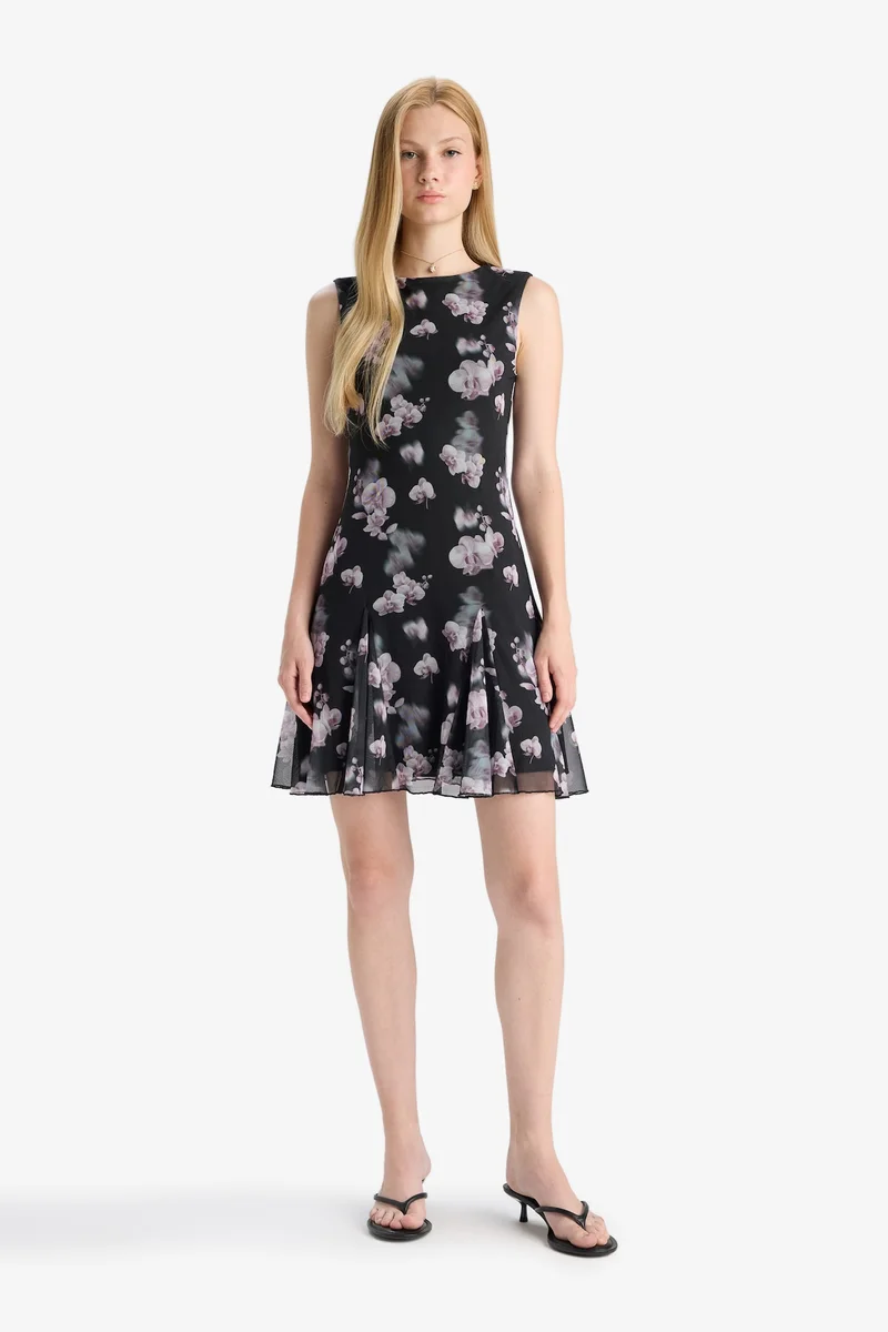 Defacto  Crew Neck Printed Tulle Mini Dress for Women | Best Price UAE