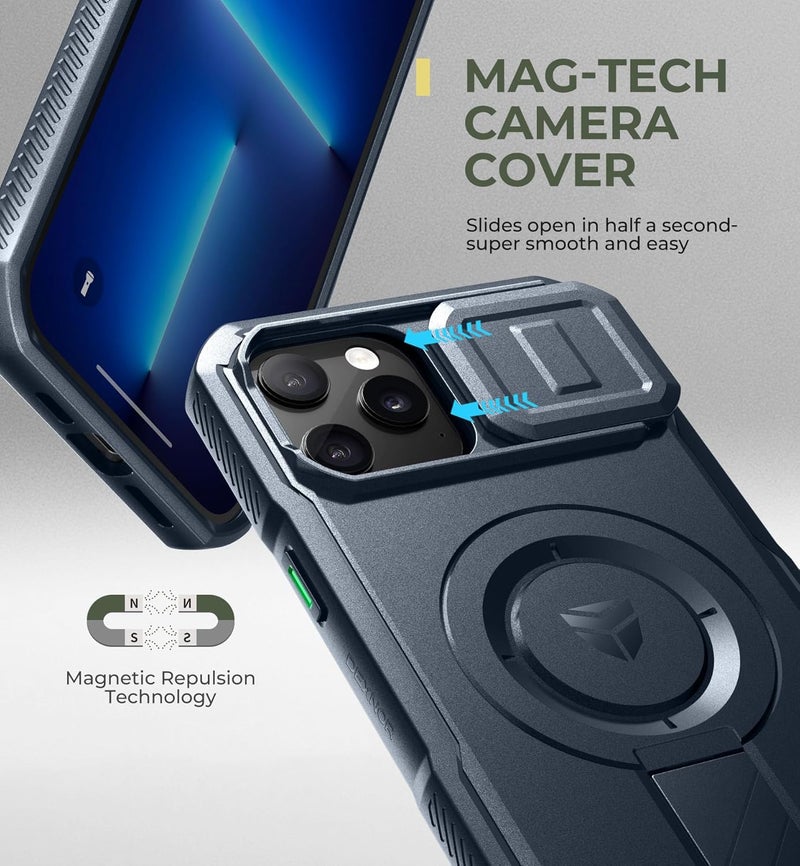 ديكسنور حافظة لهاتف iPhone 13 Pro Max/12 Pro Max مع غطاء كاميرا منزلق وحامل قابل للتعديل، متوافقة مع MagSafe، حافظة متينة مقاومة للصدمات مع حماية مغناطيسية، مقاس 6.7 بوصة، أزرق بحري - Image 4