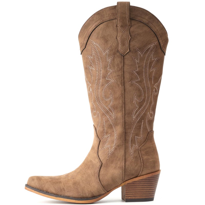 IUV Cowboy Boots For Women Western Cowgirl Boots with Chunky Heel Mid Calf Snip Toe Ideal for low insteps - Image 4