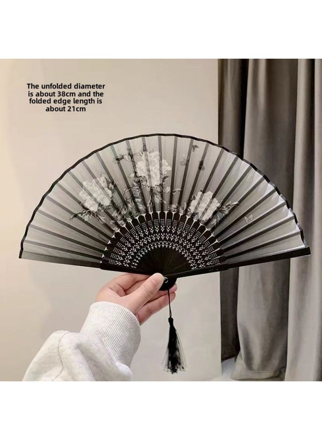 Antique Small Fan Folding Fan Chinese Style Men's And Women's Hanfu Dance Folding Horse Face Dress Chinese Style Ancient Suit Black Bamboo Fan-Specifications:No Specifications-Color:Plum Blossom-1 - Image 2