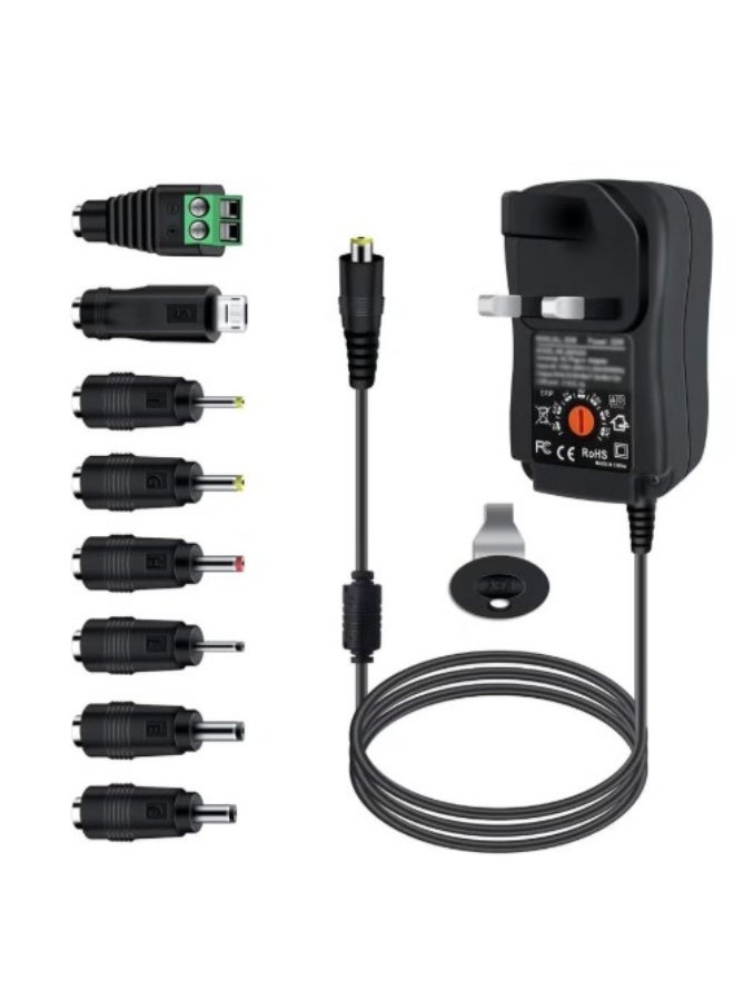 Terabyte Universal 30W AC/DC 3V 4.5V 5V 6V 7.5V 9V 12V Adapter Switching Power Supply Charger PSU with 8 Selectable Adaptor Tips for 3V-12V Household Electronics and LED Strip - 2000mA Max - Image 1