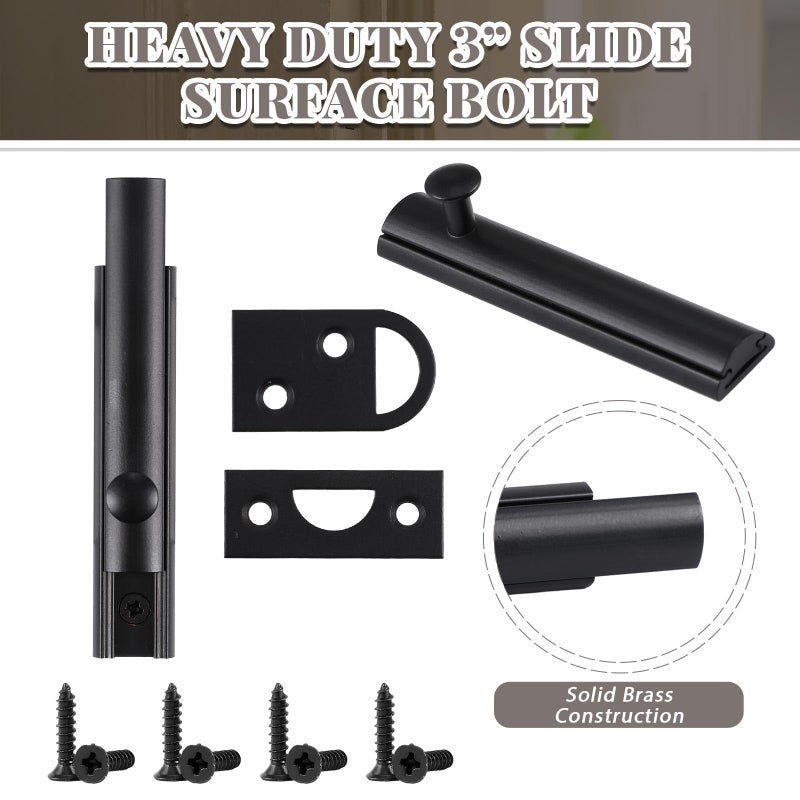 Lothee 4 Pcs Solid Brass Surface Bolt Door Slide Bolt Door Latches for Top of Slide Latch Lock(3",Matte Black) - Image 3