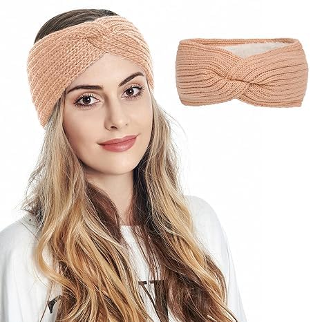 Krystle Women's Winter Warm Headband Fuzzy Fleece Lined Thick Knitted Ear Muffs Fashion Criss Cross Knotted Ear Warmers (Pink) - Image 1