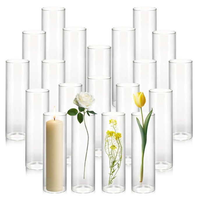20 PACK 59 TALL X 18 DIAMETER CLEAR GLASS CYLINDER VASES MULTIUSE FLOWER VASE HURRICANE FLOATING CANDLE HOLDERS FOR WEDDING CENTERPIECES HOME DECOR TABLE DISPLAYS 20
