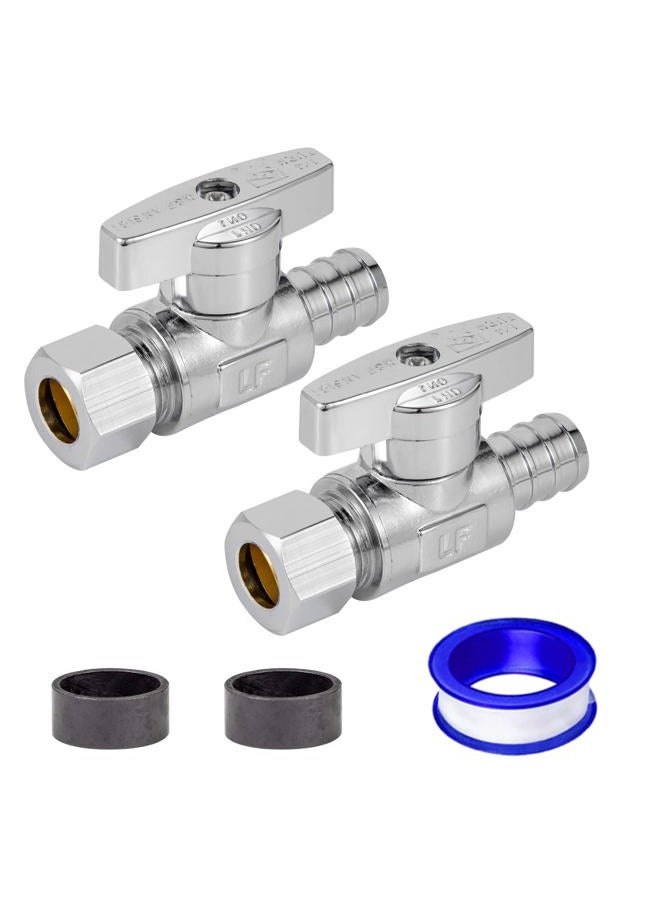 Breezliy 1/2 Pex Straight Stop Valve Sink Toilet Shut Off Valve,2 Pack Turn Straight Stop Valve 3/8" OD Compression X 1/2" Barb Crimp Pex LF Chrome Plated Brass with 2pcs 1/2 PEX Copper ring - Image 1
