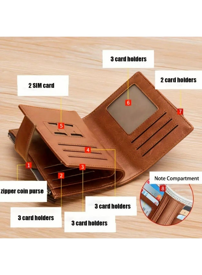 بنليرو محفظة جلدية أصلية للرجال بتصميم عتيق تتميز بفتحة بطاقات محمية بتقنية RFID، وحجرة للعملات المعدنية، وحامل بطاقات عمل، وسحّاب آمن للإغلاق. محفظة رجالية (كاكي). - Image 4