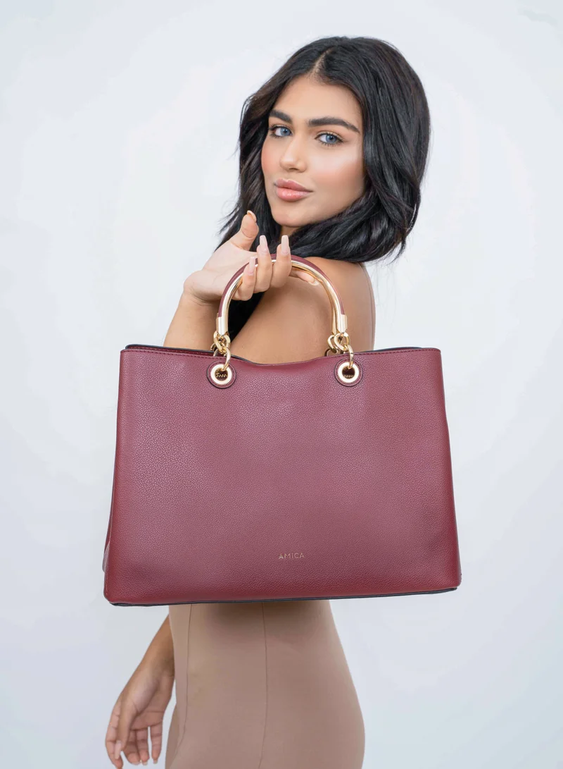 AMICA  Emilia Ladies Satchel Leather Handbag- Plum Red  | Best Price UAE