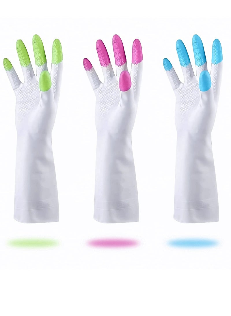 Excefore Reusable Dishwashing Cleaning Gloves with Latex free, Synthetic Rubber Gloves, Kitchen Gloves 3 Pairs, Green+Blue+Pink - Image 1