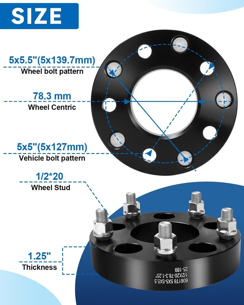 EZISOE 5x5 to 5x5.5 Wheel Adapters for Wrangler Commander Grand Cherokee Journey, 1.25 inch 5x127 to 5x139.7 Wheel Spacers 78.3mm Center Bore 1/2 Studs - Image 2