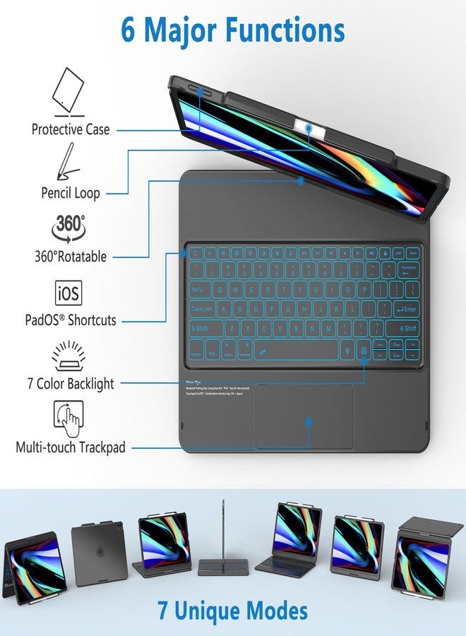 TQQ iPad Air 13 Inch Case Keyboard (M3 2025 / M2 2024), iPad Pro 12.9 (6th, 5th, 4th, 3rd Gen) Keyboard - 360° Rotatable, 7-Color Backlight, Multi-Touch Trackpad, Thin & Light (Black) - Image 3