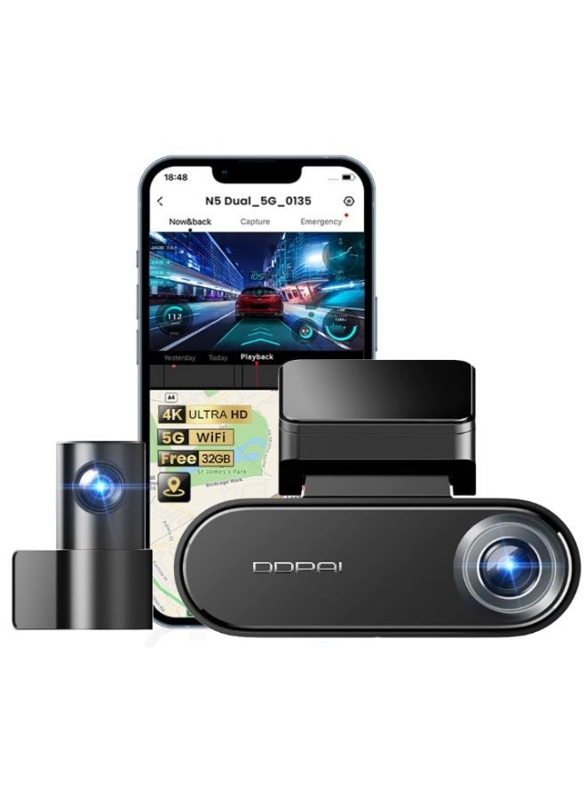 DDPAI Dash Cam Car 4K Front and Back, 2160P+1080P Dashcam Car Camera Built-in 32G eMMC Voice Control ADAS 5G WiFi GPS G-Sensor APP Control Night Vision 24 Hours Parking Monitor Support 512GB, N5 Dual - Image 2