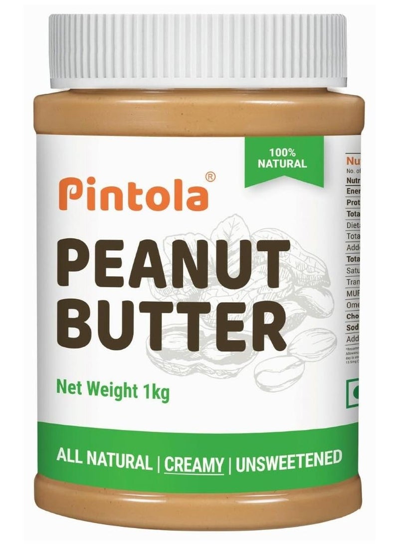 PINTOLA All Natural Unsweetened Peanut Butter, Creamy 1kg | Just 100% Roasted Peanuts | 30g Protein/100g | Vegan & Gluten Free - Image 1