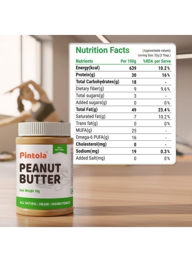 PINTOLA All Natural Unsweetened Peanut Butter, Creamy 1kg | Just 100% Roasted Peanuts | 30g Protein/100g | Vegan & Gluten Free - Image 2