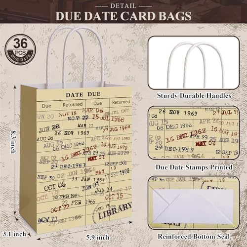 FOGWOWO 36 Pcs Library Card Bags Book Gift Bags Christmas Book Club Gifts,Vintage Library Due Date Card Bags Bulk Book Themed Wrapping Paper with Handles Library Gifts for Book Lover Librarian Wrapping Supplies - Image 2