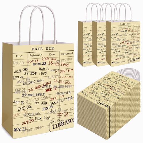 FOGWOWO 36 Pcs Library Card Bags Book Gift Bags Christmas Book Club Gifts,Vintage Library Due Date Card Bags Bulk Book Themed Wrapping Paper with Handles Library Gifts for Book Lover Librarian Wrapping Supplies - Image 1