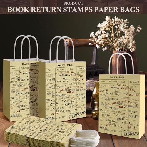 FOGWOWO 36 Pcs Library Card Bags Book Gift Bags Christmas Book Club Gifts,Vintage Library Due Date Card Bags Bulk Book Themed Wrapping Paper with Handles Library Gifts for Book Lover Librarian Wrapping Supplies - Image 3