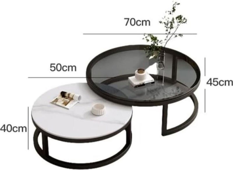 AGD Modern Nesting Round Coffee Table Set of 2 Pieces for Living Room Balcony Garden Etc, Round Coffee Table with Solid Metal Frame Black/White - Image 3