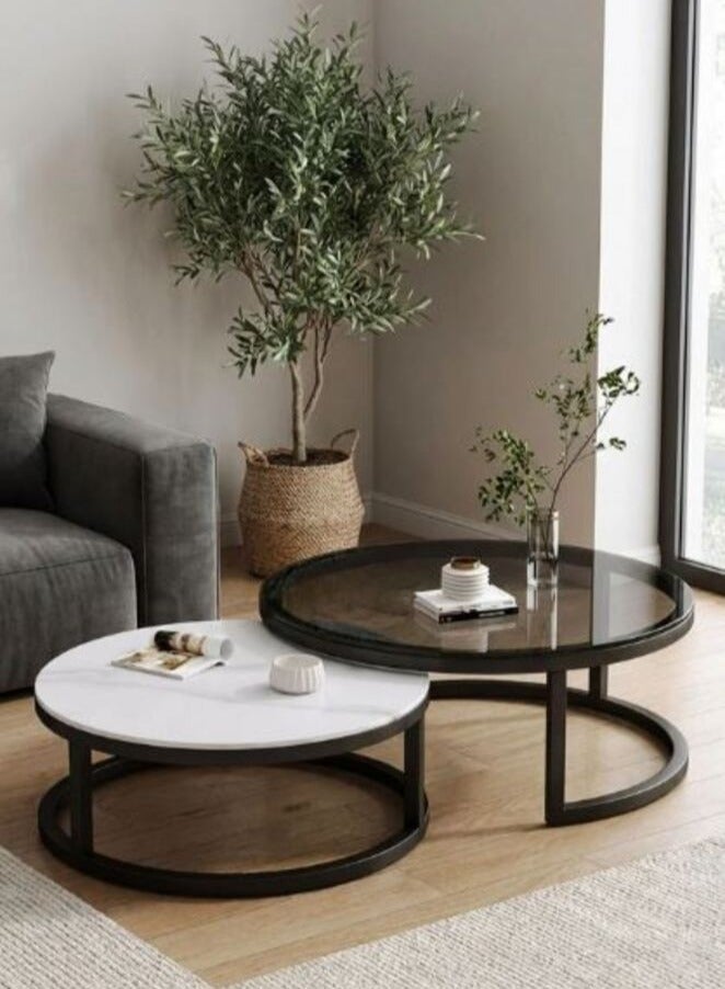 AGD Modern Nesting Round Coffee Table Set of 2 Pieces for Living Room Balcony Garden Etc, Round Coffee Table with Solid Metal Frame Black/White - Image 1