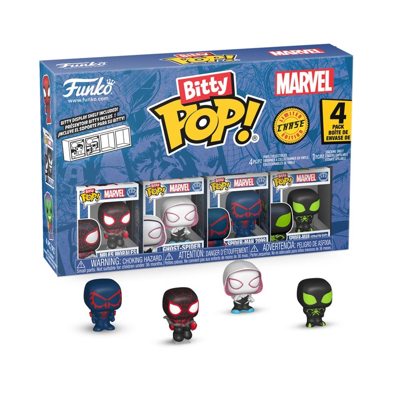 Funko Pop! Bitty: Spider-Man - Miles Morales, Ghost Spider, Spider-Man 2099, and Mystery Chase Figure - 0.9 Inch (2.2 Cm) - Marvel Comics Collectable - Stackable Display Shelf Included - Gift Idea - Image 2