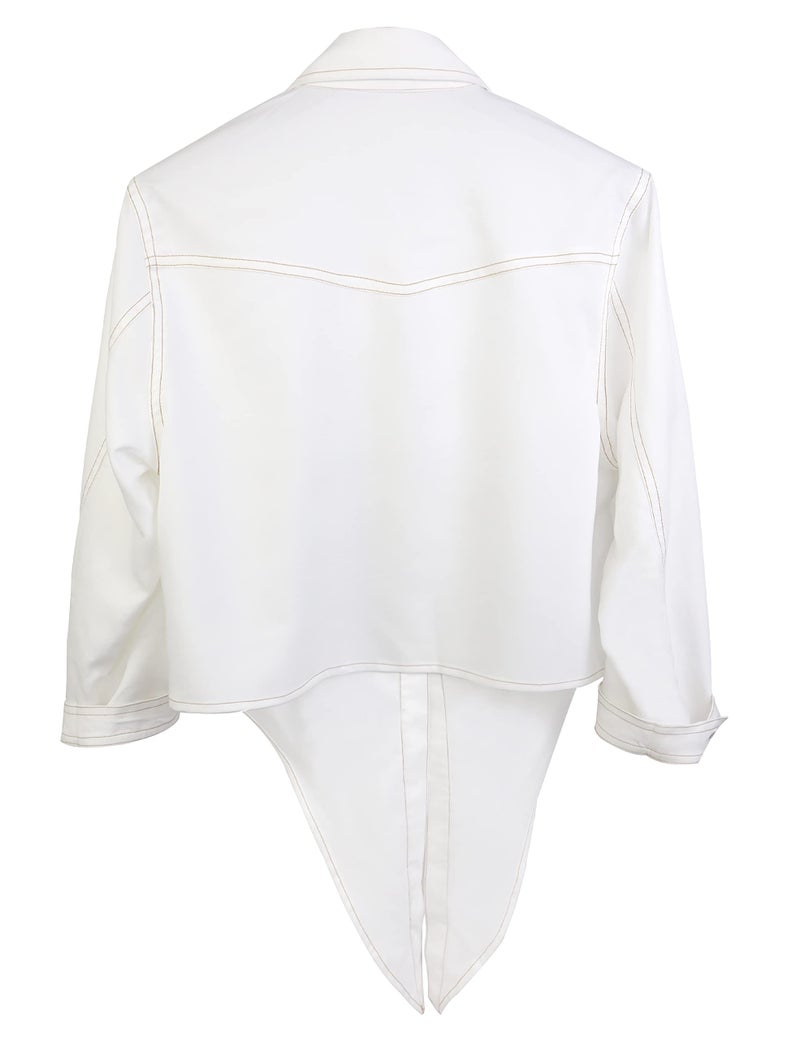 Omoone Women's 3/4 Sleeve Modern Denim Crop Top Tie Knot Shirt Cardigan(0774-White-XL) - Image 2