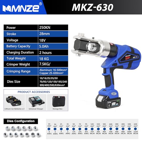 MMNZE Electric Hydraulic Cable Lug Crimper Pliers Rechargeable Crimping Tool Electrical Terminal Cable Wire Fiber Crimper Tool Kit with 15 Dies (MZ-MKZ-630) - Image 4