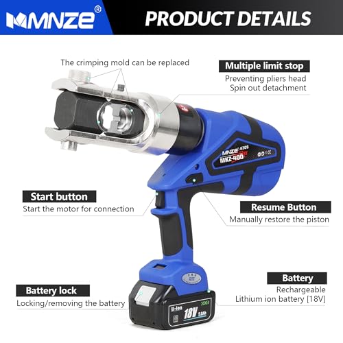 MMNZE Electric Hydraulic Cable Lug Crimper Pliers Rechargeable Crimping Tool Electrical Terminal Cable Wire Fiber Crimper Tool Kit with 15 Dies (MZ-MKZ-630) - Image 5