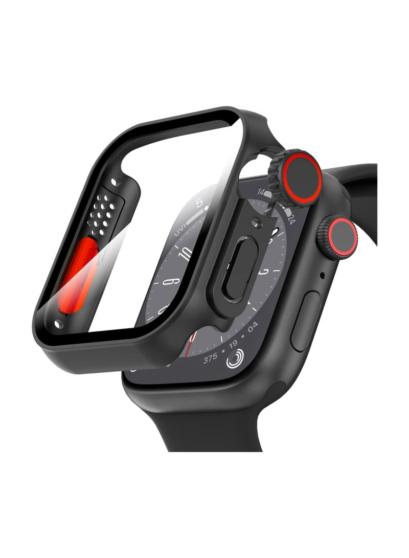 حافظة حماية شاشة لساعة Apple مقاس 45 مم، [تبدو وكأنها حافظة حماية فائقة] غطاء حماية بتصميم فريد من الزجاج المقسى لسلسلة iWatch (أسود)