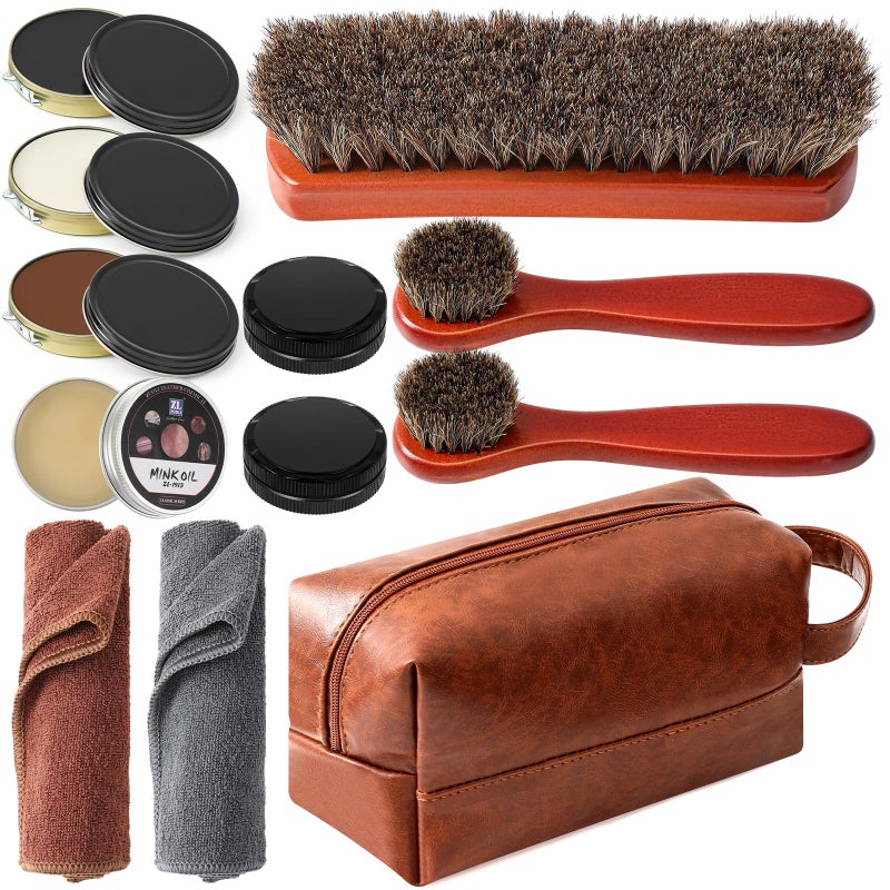 Wovnet 13 Pcs Shoe Polish Kit, Leather Boot Care Kit for Men, Black Shoes Shine Kit for Cleaning with PU Storage Bag(Brown) - Image 1