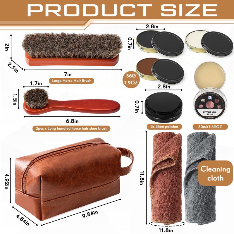 Wovnet 13 Pcs Shoe Polish Kit, Leather Boot Care Kit for Men, Black Shoes Shine Kit for Cleaning with PU Storage Bag(Brown) - Image 2