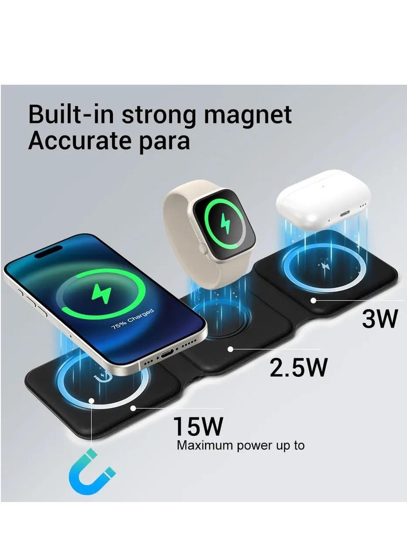 3-in-1 Magnetic Wireless Charger - 15W Mag-Safe Foldable Travel Charging Station for iPhone 16/15/14/13/12, Apple Watch, AirPods  - Image 4
