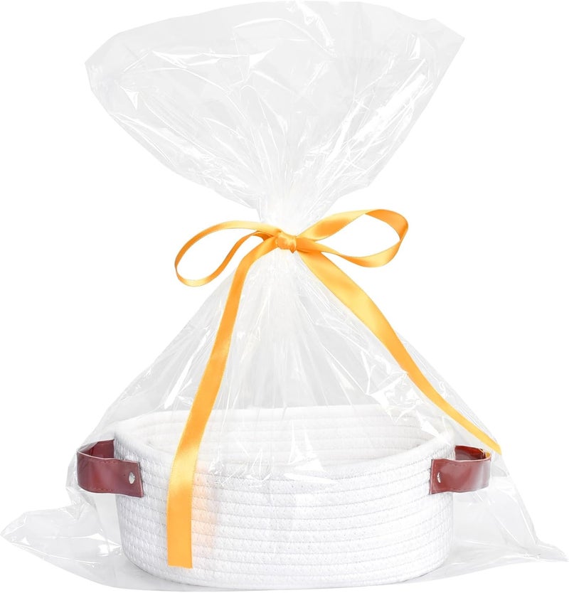 ABenkle Small Woven Basket Mini Cotton Rope Storage Tiny Shelf Oval Decorative Toy Dog Cat Bin for Nursery Empty Gift Basket with Gift Bags and Ribbon  White - Image 1