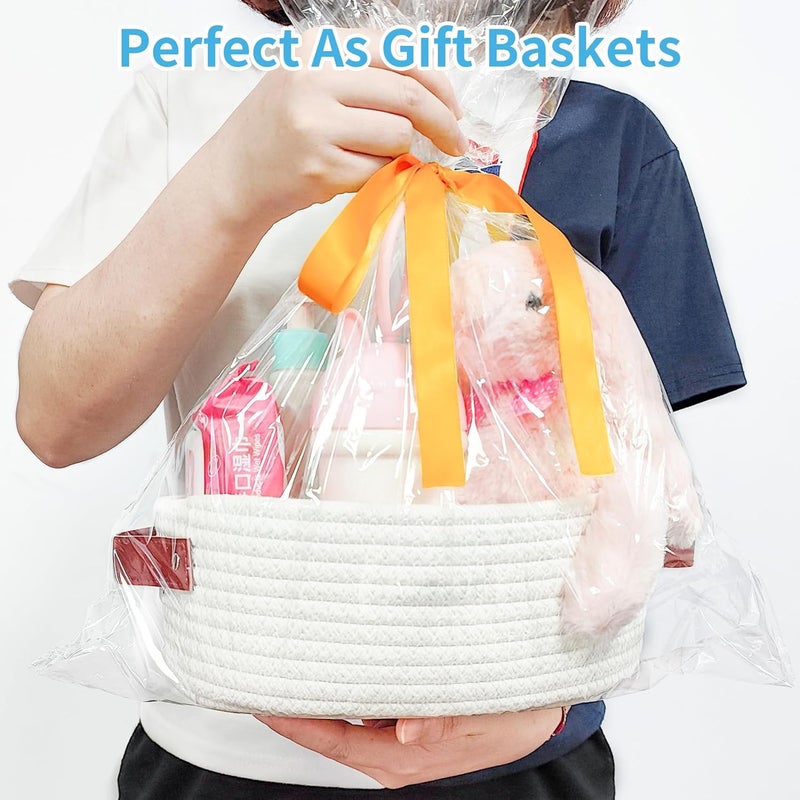 ABenkle Small Woven Basket Mini Cotton Rope Storage Tiny Shelf Oval Decorative Toy Dog Cat Bin for Nursery Empty Gift Basket with Gift Bags and Ribbon  White - Image 4