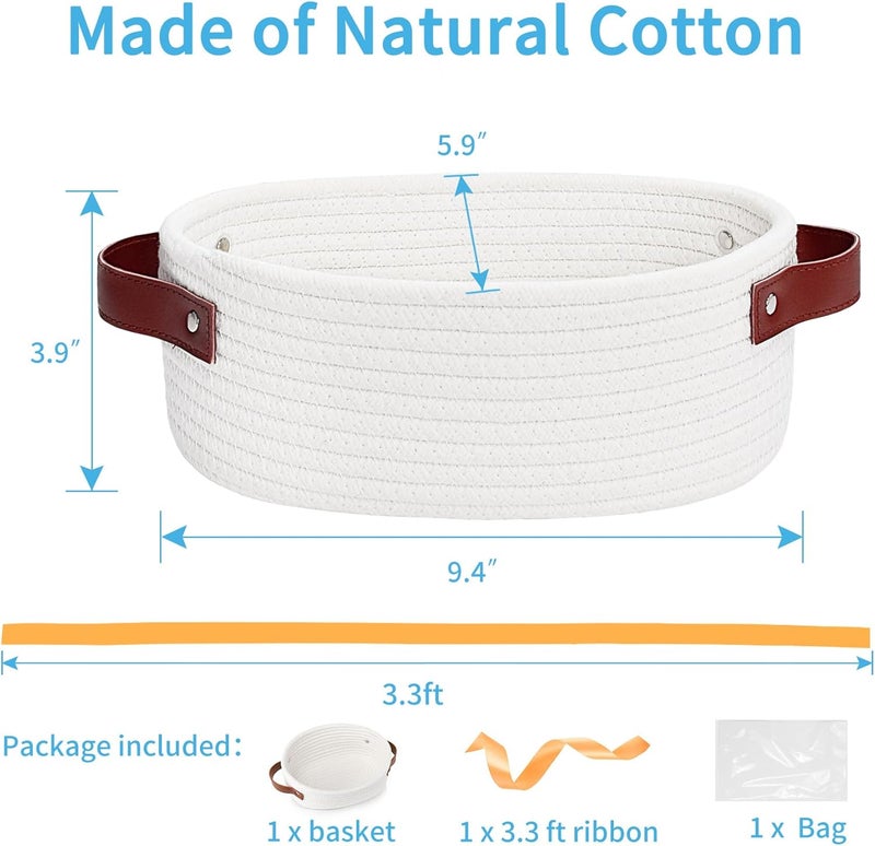 ABenkle Small Woven Basket Mini Cotton Rope Storage Tiny Shelf Oval Decorative Toy Dog Cat Bin for Nursery Empty Gift Basket with Gift Bags and Ribbon  White - Image 3