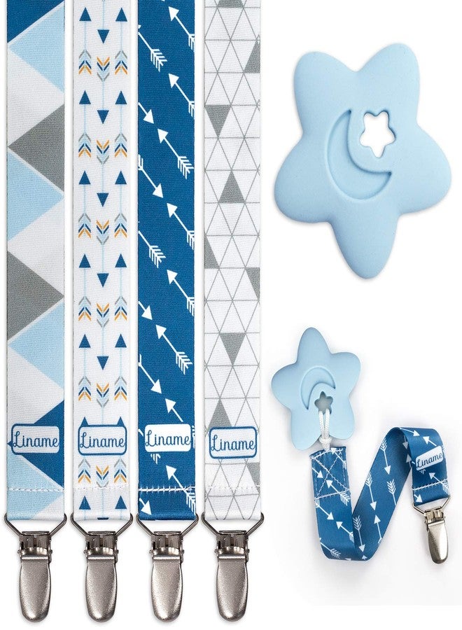 Liname Neutral Pacifier Clip with Teething Toy - 4 Pack Pacifier Clips for Boys & Girls - Binky Holder Soothie Paci Clip Binkie Clip - Unisex Pacifer Clip Baby Pacifier Clip and Pacifier Holder (Blue) - Image 1