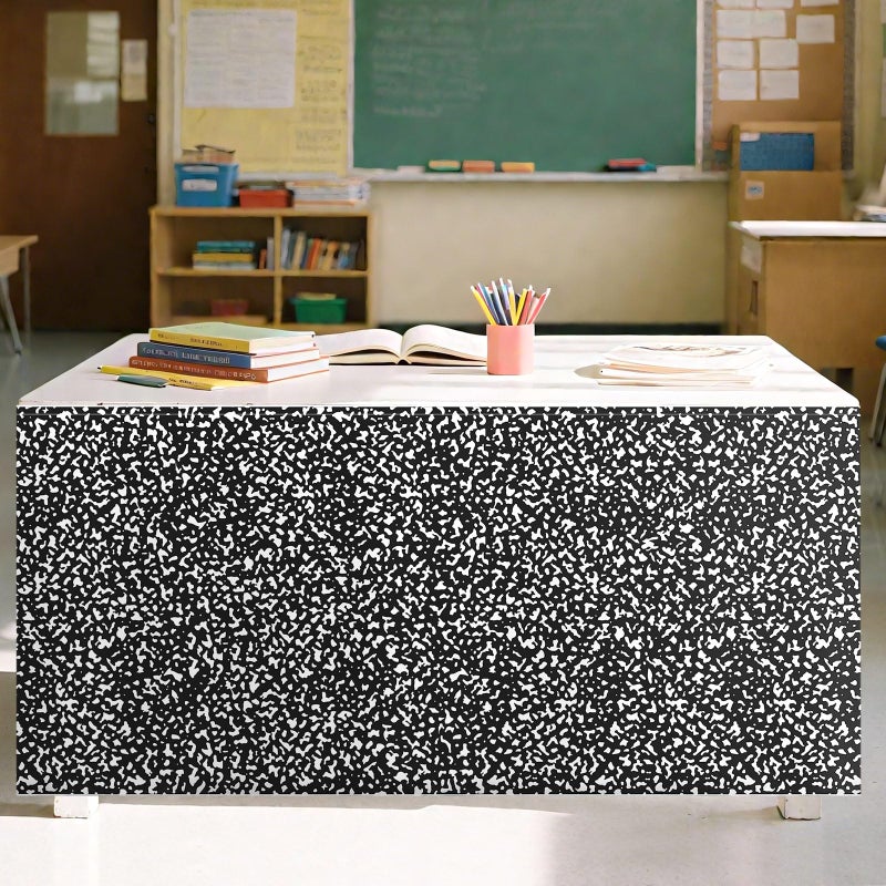 AKAIXI 6FT Black and White Composition Table Skirt Teacher Desk Curtain Skirts for Classroom Decorations Rectangle Table Cover Skirt for Back to School Party Supplies Kindergarten Office Bookcase Cabinet - Image 1