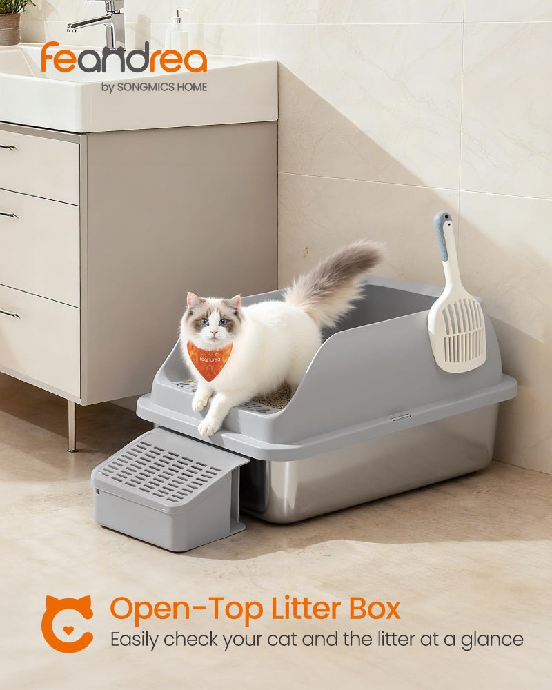 Feandrea Stainless Steel Cat Litter Box with Open Top, High Sided Litter Tray with Step, Scoop, Brush, for Cats up to 33 lb, Slate Gray UPPT008GN01 - Image 2
