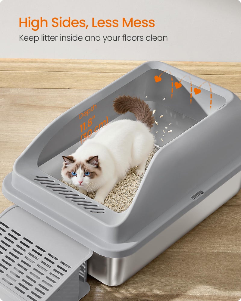 Feandrea Stainless Steel Cat Litter Box with Open Top, High Sided Litter Tray with Step, Scoop, Brush, for Cats up to 33 lb, Slate Gray UPPT008GN01 - Image 4