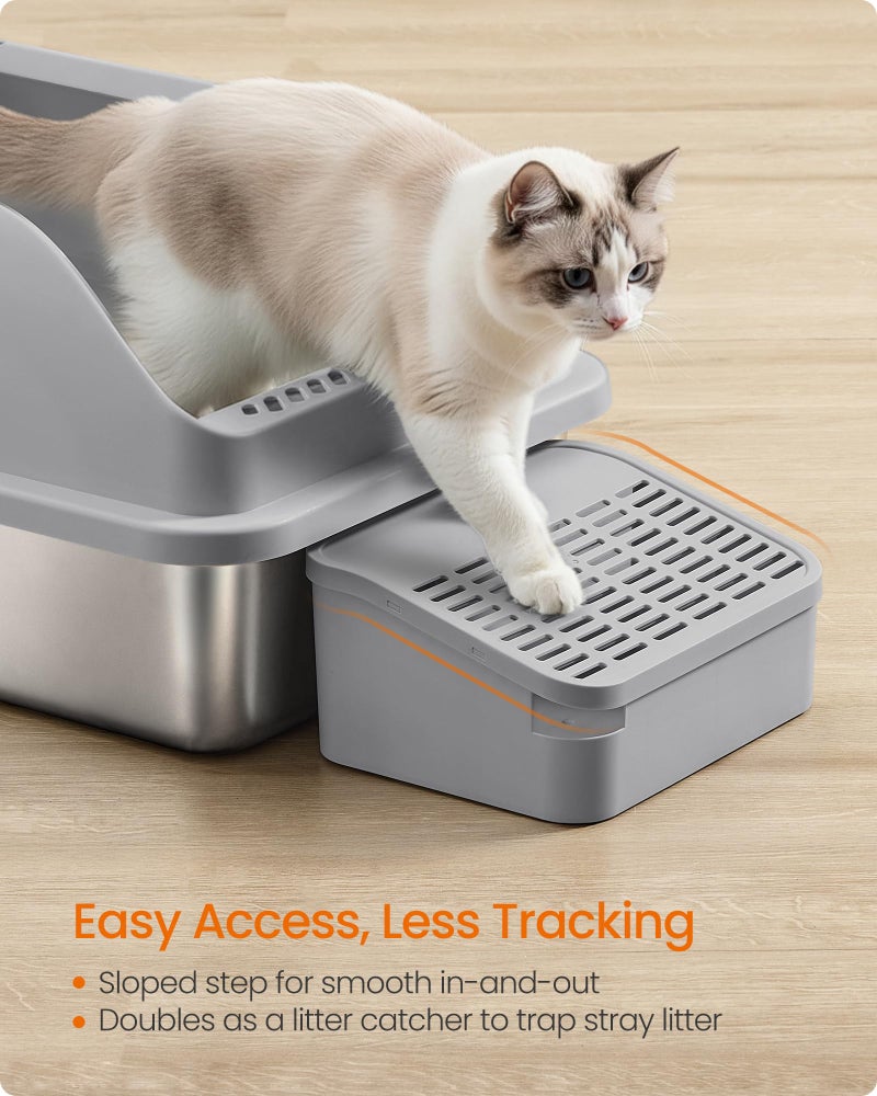 Feandrea Stainless Steel Cat Litter Box with Open Top, High Sided Litter Tray with Step, Scoop, Brush, for Cats up to 33 lb, Slate Gray UPPT008GN01 - Image 5