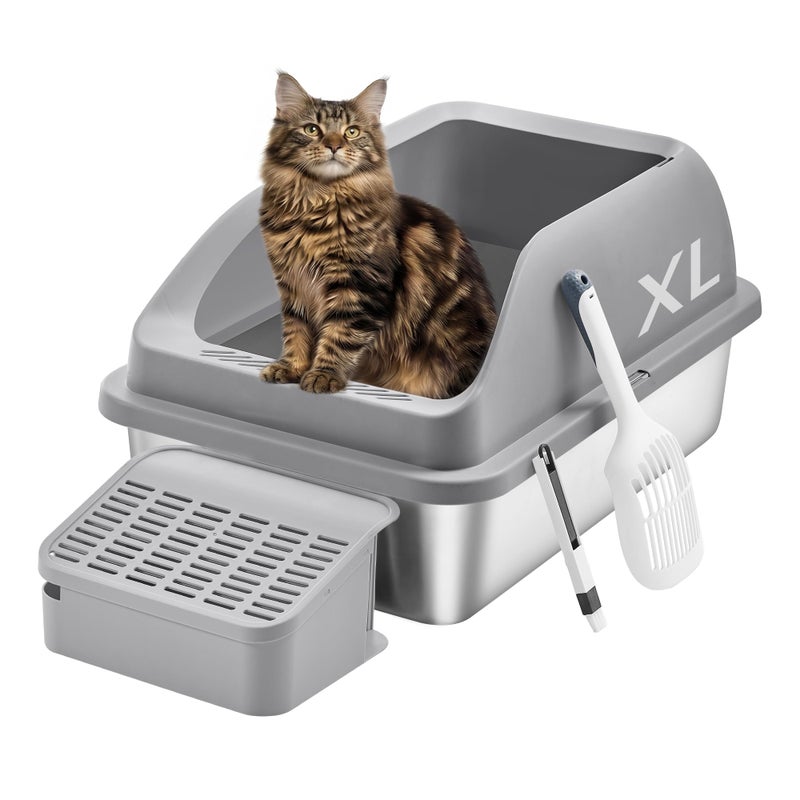 Feandrea Stainless Steel Cat Litter Box with Open Top, High Sided Litter Tray with Step, Scoop, Brush, for Cats up to 33 lb, Slate Gray UPPT008GN01 - Image 1